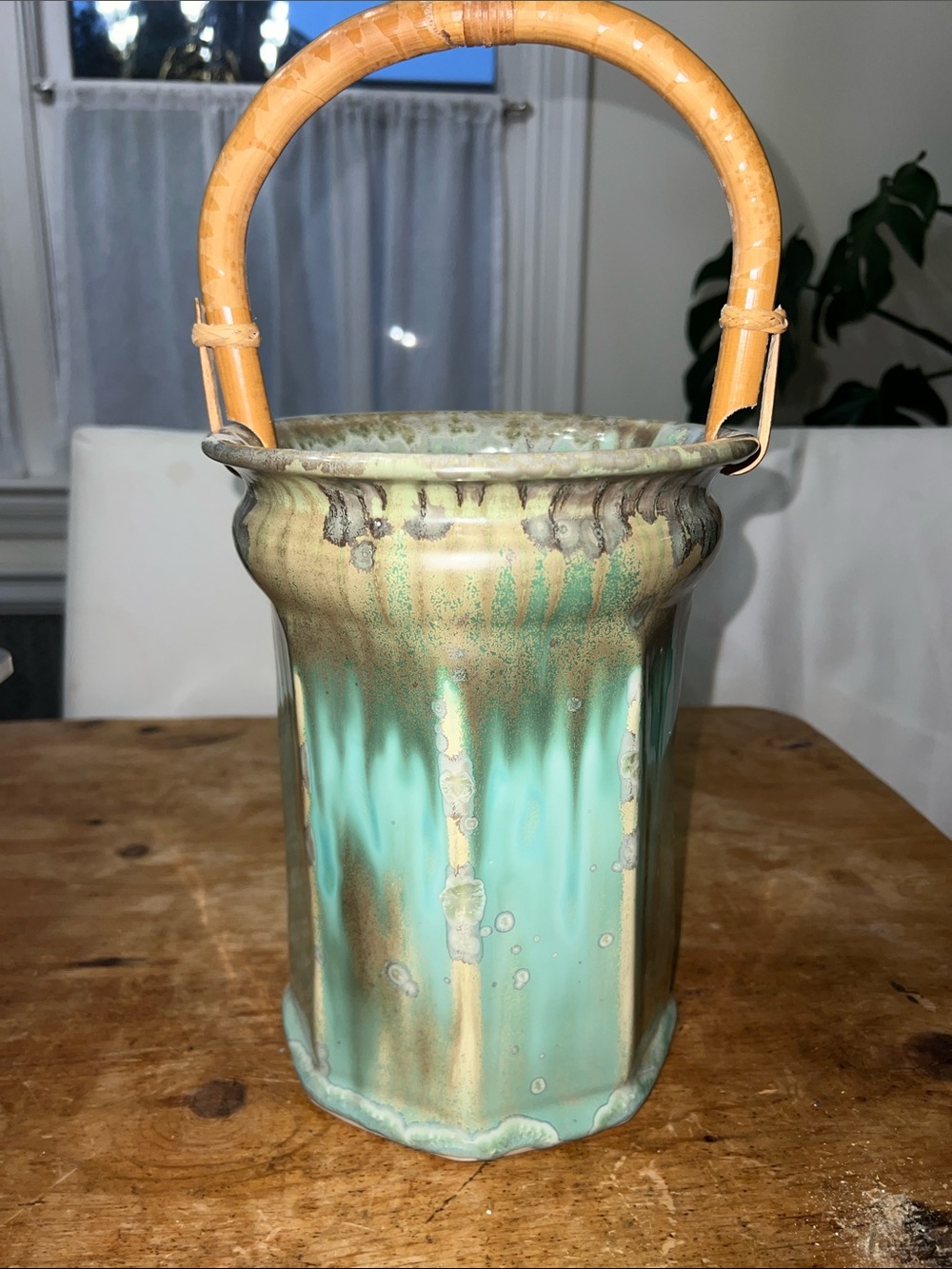 Edgecomb Pottery Maine green drip glaze & natural bamboo handle.
